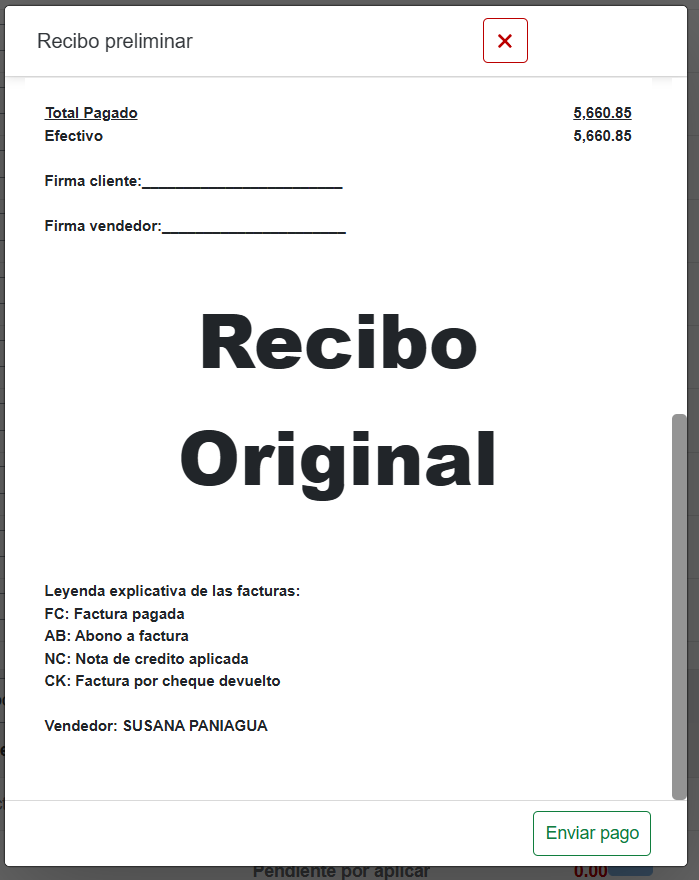 Leyenda del recibo preliminar
