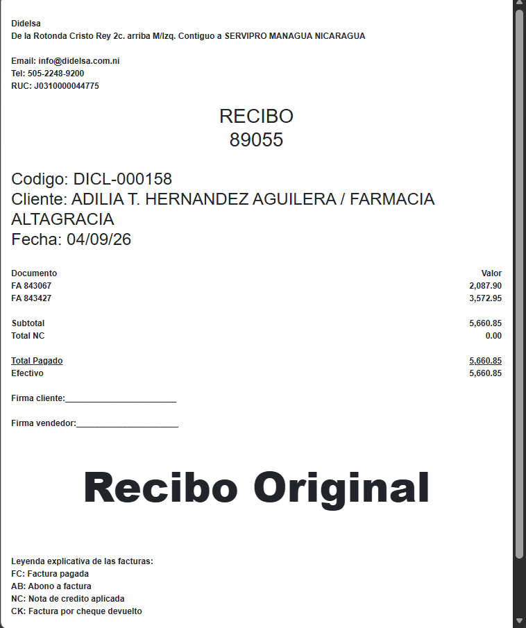 Recibo de contado grabado