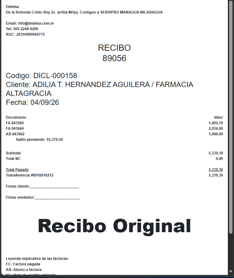 Recibo de transferencia grabado
