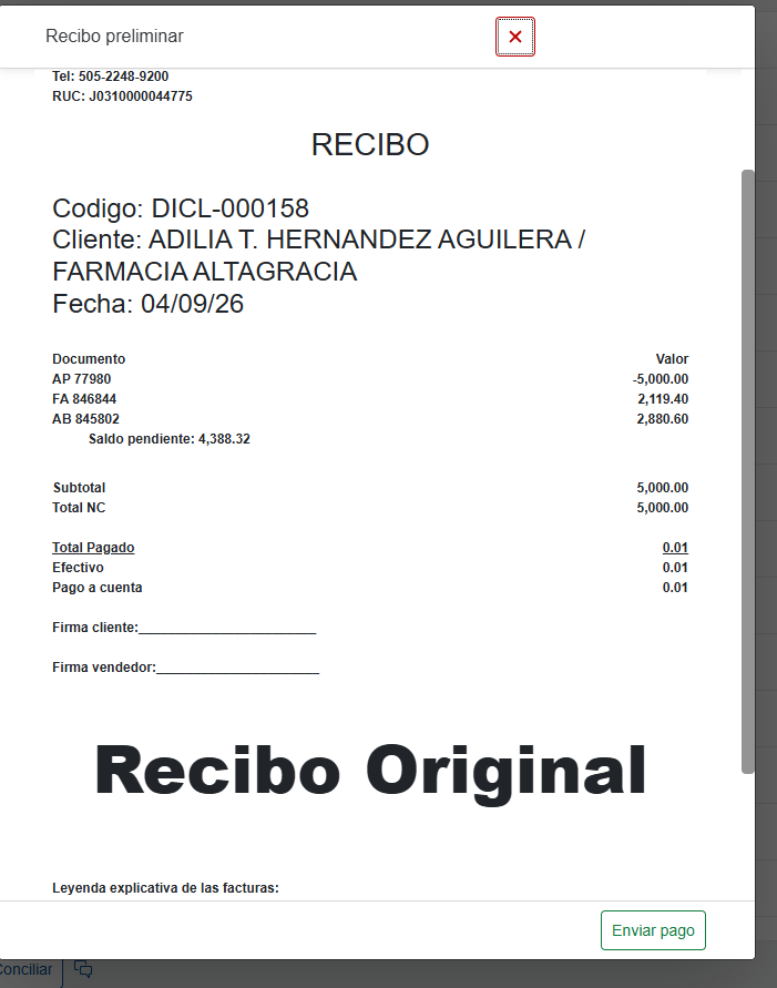 Recibo preliminar de nota de crédito